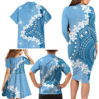 Bula Fiji Women's Day Family Matching Long Sleeve Bodycon Dress and Hawaiian Shirt Turquoise Masi Tapa