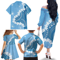 Bula Fiji Women's Day Family Matching Off The Shoulder Long Sleeve Dress and Hawaiian Shirt Turquoise Masi Tapa