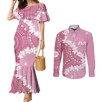 Bula Fiji Women's Day Couples Matching Mermaid Dress and Long Sleeve Button Shirt Pink Masi Tapa