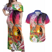Polynesian Dreamy Turtle Couples Matching Off Shoulder Maxi Dress and Hawaiian Shirt Sunset Scenery