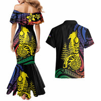 New Caledonia Kanaky Couples Matching Mermaid Dress and Hawaiian Shirt Stylized Fleche Faitiere With Kagu Bird
