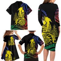 New Caledonia Kanaky Family Matching Long Sleeve Bodycon Dress and Hawaiian Shirt Stylized Fleche Faitiere With Kagu Bird