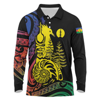 New Caledonia Kanaky Long Sleeve Polo Shirt Stylized Fleche Faitiere With Kagu Bird