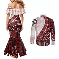Bula Fiji Vintage Tapa Couples Matching Mermaid Dress and Long Sleeve Button Shirt Kaivity Masi Wave Motifs - Red LT7 - Polynesian Pride