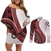Bula Fiji Vintage Tapa Couples Matching Off Shoulder Short Dress and Long Sleeve Button Shirt Kaivity Masi Wave Motifs - Red