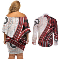 Bula Fiji Vintage Tapa Couples Matching Off Shoulder Short Dress and Long Sleeve Button Shirt Kaivity Masi Wave Motifs - Red