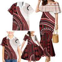 Bula Fiji Vintage Tapa Family Matching Mermaid Dress and Hawaiian Shirt Kaivity Masi Wave Motifs - Red LT7 - Polynesian Pride