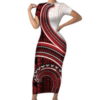 Bula Fiji Vintage Tapa Family Matching Short Sleeve Bodycon Dress and Hawaiian Shirt Kaivity Masi Wave Motifs - Red