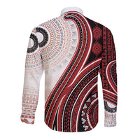 Bula Fiji Vintage Tapa Long Sleeve Button Shirt Kaivity Masi Wave Motifs - Red