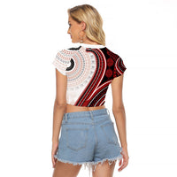 Bula Fiji Vintage Tapa Raglan Cropped T Shirt Kaivity Masi Wave Motifs - Red