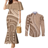 Bula Fiji Vintage Tapa Couples Matching Mermaid Dress and Long Sleeve Button Shirt Kaivity Masi Wave Motifs - Mocha LT7 Beige - Polynesian Pride