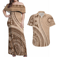 Bula Fiji Vintage Tapa Couples Matching Off Shoulder Maxi Dress and Hawaiian Shirt Kaivity Masi Wave Motifs - Mocha LT7 Beige - Polynesian Pride