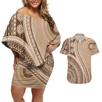 Bula Fiji Vintage Tapa Couples Matching Off Shoulder Short Dress and Hawaiian Shirt Kaivity Masi Wave Motifs - Mocha LT7 Beige - Polynesian Pride