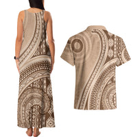 Bula Fiji Vintage Tapa Couples Matching Tank Maxi Dress and Hawaiian Shirt Kaivity Masi Wave Motifs - Mocha LT7 - Polynesian Pride