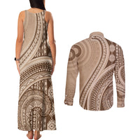 Bula Fiji Vintage Tapa Couples Matching Tank Maxi Dress and Long Sleeve Button Shirt Kaivity Masi Wave Motifs - Mocha