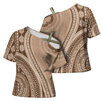 Bula Fiji Vintage Tapa Cross Shoulder Shirt Kaivity Masi Wave Motifs - Mocha