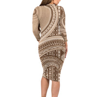 Bula Fiji Vintage Tapa Family Matching Long Sleeve Bodycon Dress and Hawaiian Shirt Kaivity Masi Wave Motifs - Mocha