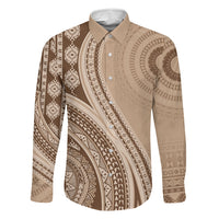 Bula Fiji Vintage Tapa Family Matching Off The Shoulder Long Sleeve Dress and Hawaiian Shirt Kaivity Masi Wave Motifs - Mocha