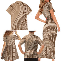 Bula Fiji Vintage Tapa Family Matching Short Sleeve Bodycon Dress and Hawaiian Shirt Kaivity Masi Wave Motifs - Mocha