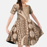 Bula Fiji Vintage Tapa Family Matching Tank Maxi Dress and Hawaiian Shirt Kaivity Masi Wave Motifs - Mocha