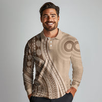 Bula Fiji Vintage Tapa Long Sleeve Polo Shirt Kaivity Masi Wave Motifs - Mocha