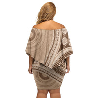 Bula Fiji Vintage Tapa Off Shoulder Short Dress Kaivity Masi Wave Motifs - Mocha