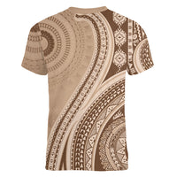 Bula Fiji Vintage Tapa Women V-Neck T-Shirt Kaivity Masi Wave Motifs - Mocha