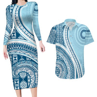 Bula Fiji Vintage Tapa Couples Matching Long Sleeve Bodycon Dress and Hawaiian Shirt Kaivity Masi Wave Motifs - Turquoise LT7 Turquoise - Polynesian Pride