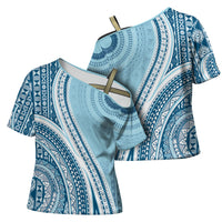 Bula Fiji Vintage Tapa Cross Shoulder Shirt Kaivity Masi Wave Motifs - Turquoise