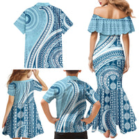 Bula Fiji Vintage Tapa Family Matching Mermaid Dress and Hawaiian Shirt Kaivity Masi Wave Motifs - Turquoise