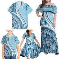Bula Fiji Vintage Tapa Family Matching Off Shoulder Maxi Dress and Hawaiian Shirt Kaivity Masi Wave Motifs - Turquoise LT7 - Polynesian Pride