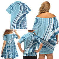 Bula Fiji Vintage Tapa Family Matching Off Shoulder Short Dress and Hawaiian Shirt Kaivity Masi Wave Motifs - Turquoise LT7 - Polynesian Pride