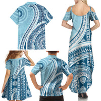 Bula Fiji Vintage Tapa Family Matching Summer Maxi Dress and Hawaiian Shirt Kaivity Masi Wave Motifs - Turquoise LT7 - Polynesian Pride