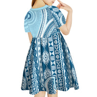 Bula Fiji Vintage Tapa Kid Short Sleeve Dress Kaivity Masi Wave Motifs - Turquoise