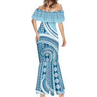 Bula Fiji Vintage Tapa Mermaid Dress Kaivity Masi Wave Motifs - Turquoise