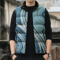 Bula Fiji Vintage Tapa Sleeveless Puffer Jacket Kaivity Masi Wave Motifs - Turquoise