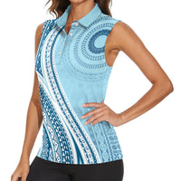 Bula Fiji Vintage Tapa Women Sleeveless Polo Shirt Kaivity Masi Wave Motifs - Turquoise LT7 - Polynesian Pride