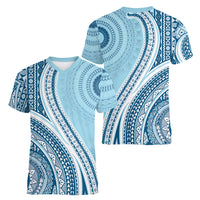 Bula Fiji Vintage Tapa Women V-Neck T-Shirt Kaivity Masi Wave Motifs - Turquoise