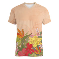 Mahalo Hawaii - Ka Pule a ka Haku Women V-Neck T-Shirt Tropical Flowers LT7 Female Coral Pink - Polynesian Pride