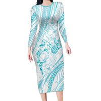 Sharks Couple Dreamy Polynesians Floral Sea Family Matching Long Sleeve Bodycon Dress and Hawaiian Shirt Turquoise LT7 Mom's Dress Turquoise - Polynesian Pride