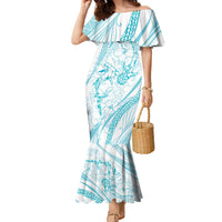Sharks Couple Dreamy Polynesians Floral Sea Family Matching Mermaid Dress and Hawaiian Shirt Turquoise LT7 Mom's Dress Turquoise - Polynesian Pride