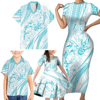 Sharks Couple Dreamy Polynesians Floral Sea Family Matching Short Sleeve Bodycon Dress and Hawaiian Shirt Turquoise LT7 - Polynesian Pride