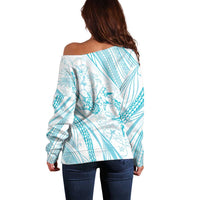 Sharks Couple Dreamy Polynesians Floral Sea Off Shoulder Sweater Turquoise - Polynesian Pride
