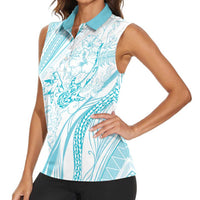 Sharks Couple Dreamy Polynesians Floral Sea Women Sleeveless Polo Shirt Turquoise LT7 - Polynesian Pride