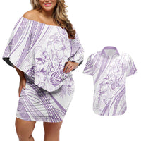 Sharks Couple Dreamy Polynesians Floral Sea Couples Matching Off Shoulder Short Dress and Hawaiian Shirt Lilac LT7 Lilac - Polynesian Pride