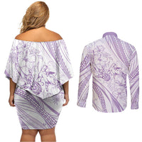 Sharks Couple Dreamy Polynesians Floral Sea Couples Matching Off Shoulder Short Dress and Long Sleeve Button Shirt Lilac - Polynesian Pride