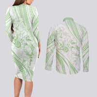 Sharks Couple Dreamy Polynesians Floral Sea Couples Matching Long Sleeve Bodycon Dress and Long Sleeve Button Shirt Emerald LT7 - Polynesian Pride