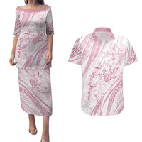 Sharks Couple Dreamy Polynesians Floral Sea Couples Matching Puletasi and Hawaiian Shirt Pink - Polynesian Pride