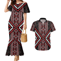 Red Tukutuku Pattern Aotearoa Couples Matching Mermaid Dress and Hawaiian Shirt Niho Taniwha and Puhoro Motifs
