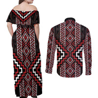 Red Tukutuku Pattern Aotearoa Couples Matching Off Shoulder Maxi Dress and Long Sleeve Button Shirt Niho Taniwha and Puhoro Motifs